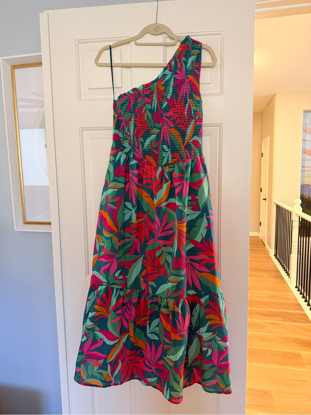 J. Crew One-Shoulder Tropical Leaf Dress in Teal, Pink & Orange